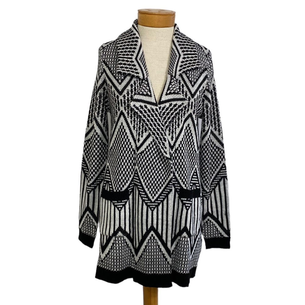 New Directions S Black White Geometric Print Open Cardigan Pockets Women’s Cozy
